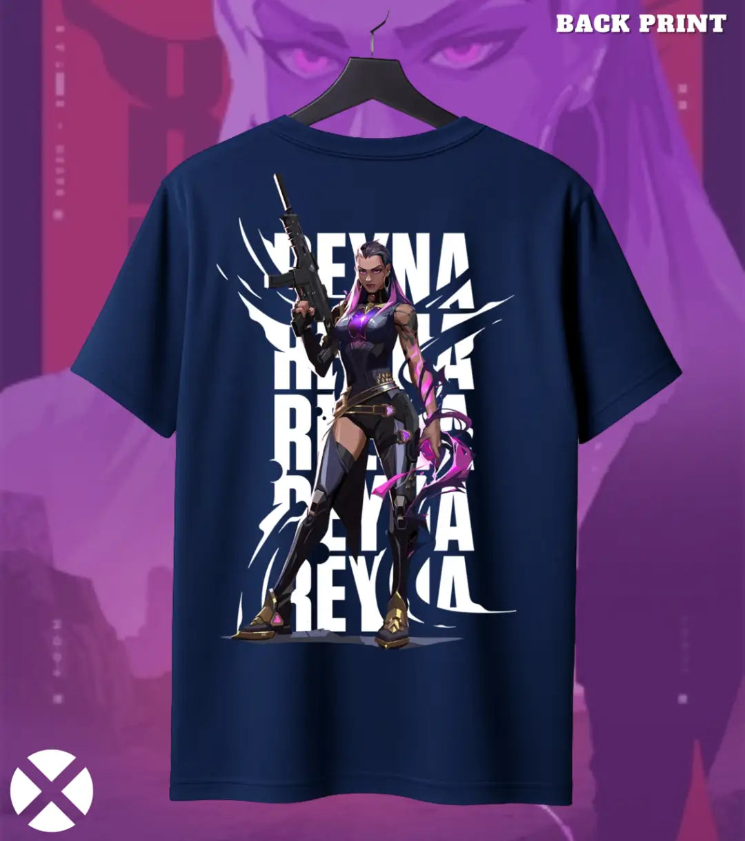 Reyna - Empress Mode Valorant T Shirt | Dominate Every Duel Tee - Back (Duel Print) / Navy / S - Valorant