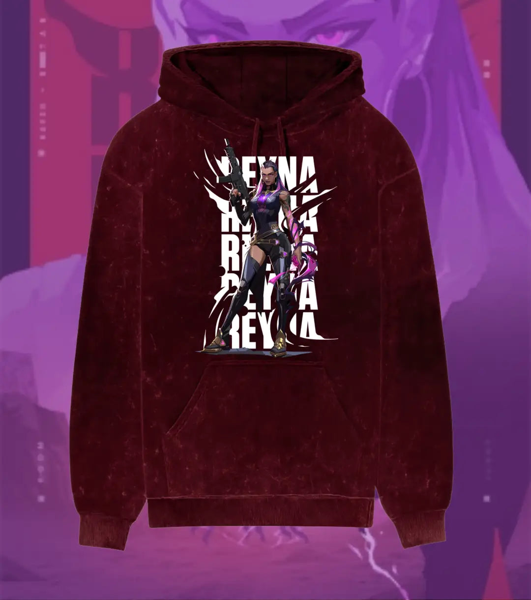 Reyna – Empress of Shadows Valorant Acid Wash Hoodie | Premium Gamer Streetwear - Maroon / XS - Valorant