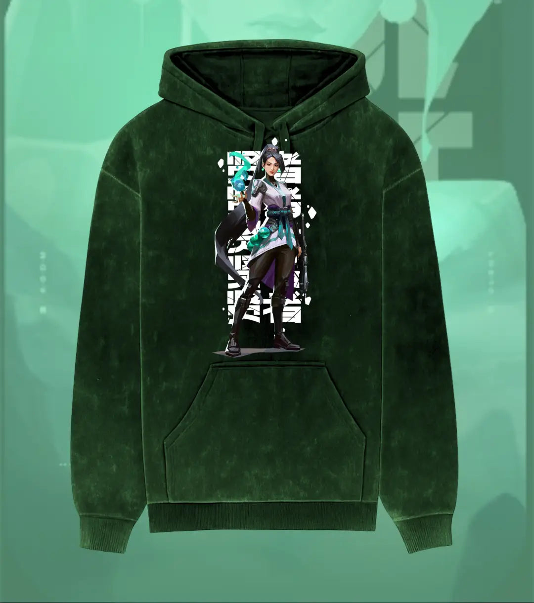 Sage – Guardian Spirit Valorant Acid Wash Hoodie | Premium Gamer Streetwear - Bottle Green / XS - Valorant