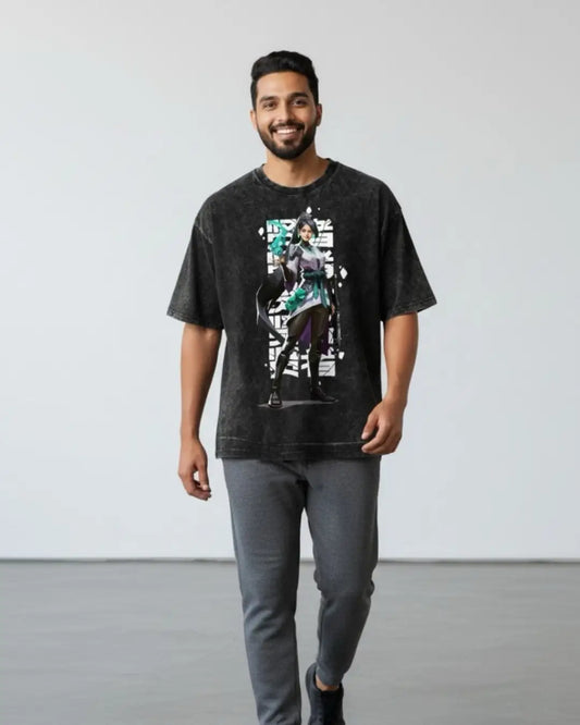 Sage – Guardian Spirit Valorant Acid Wash Tee | Bold Gamer Streetwear - Black / XS - Valorant
