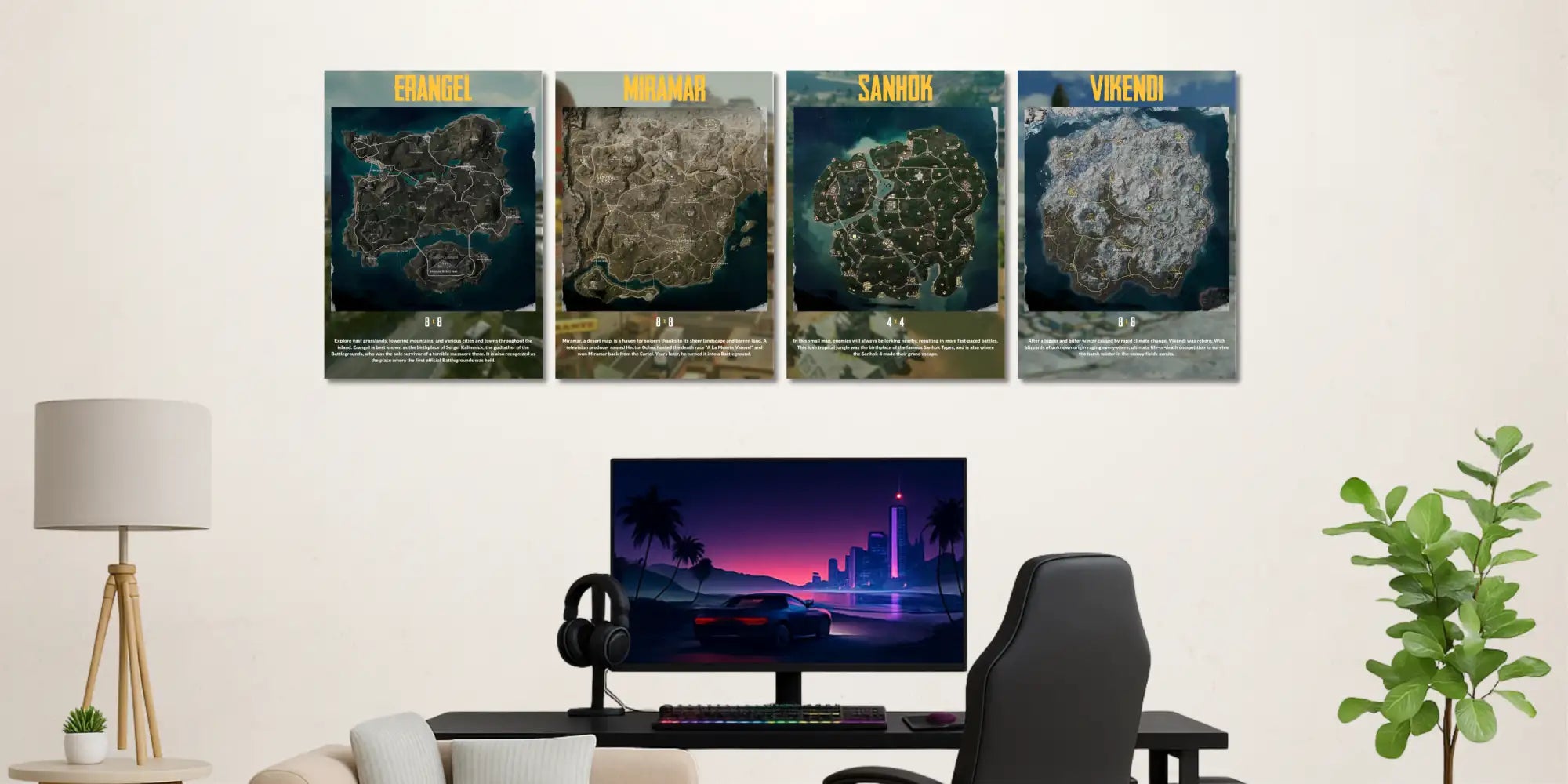 Set of four framed game map posters featuring frangil, miramar, sanhok, and vikendi with detailed topographical designs in muted earth tones.
