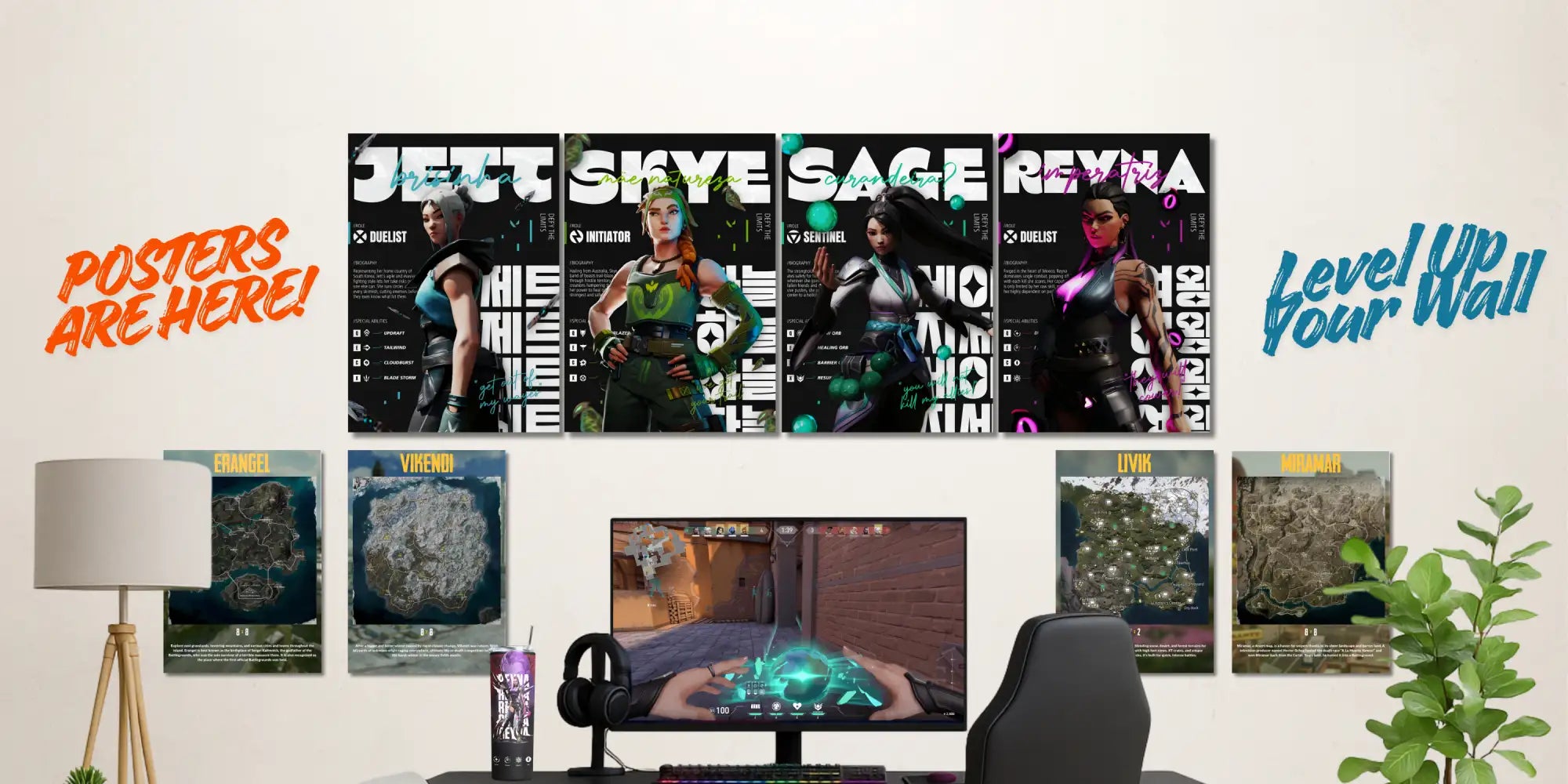 Set of four framed posters featuring fortnite characters jet, skye, sage and reyna in dynamic poses with bold text and vibrant color schemes.
