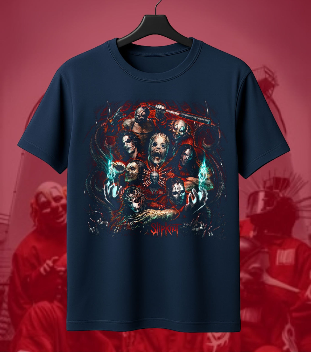 Slipknot Distorted Mask Collage Graphic Regular T-Shirt navy front