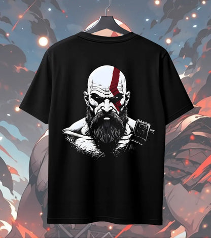 Spartan Warrior Graphic Oversized T-Shirt – Bold Mythic Fighter Streetwear T-Shirt - Back (Dual Print) / Black / S
