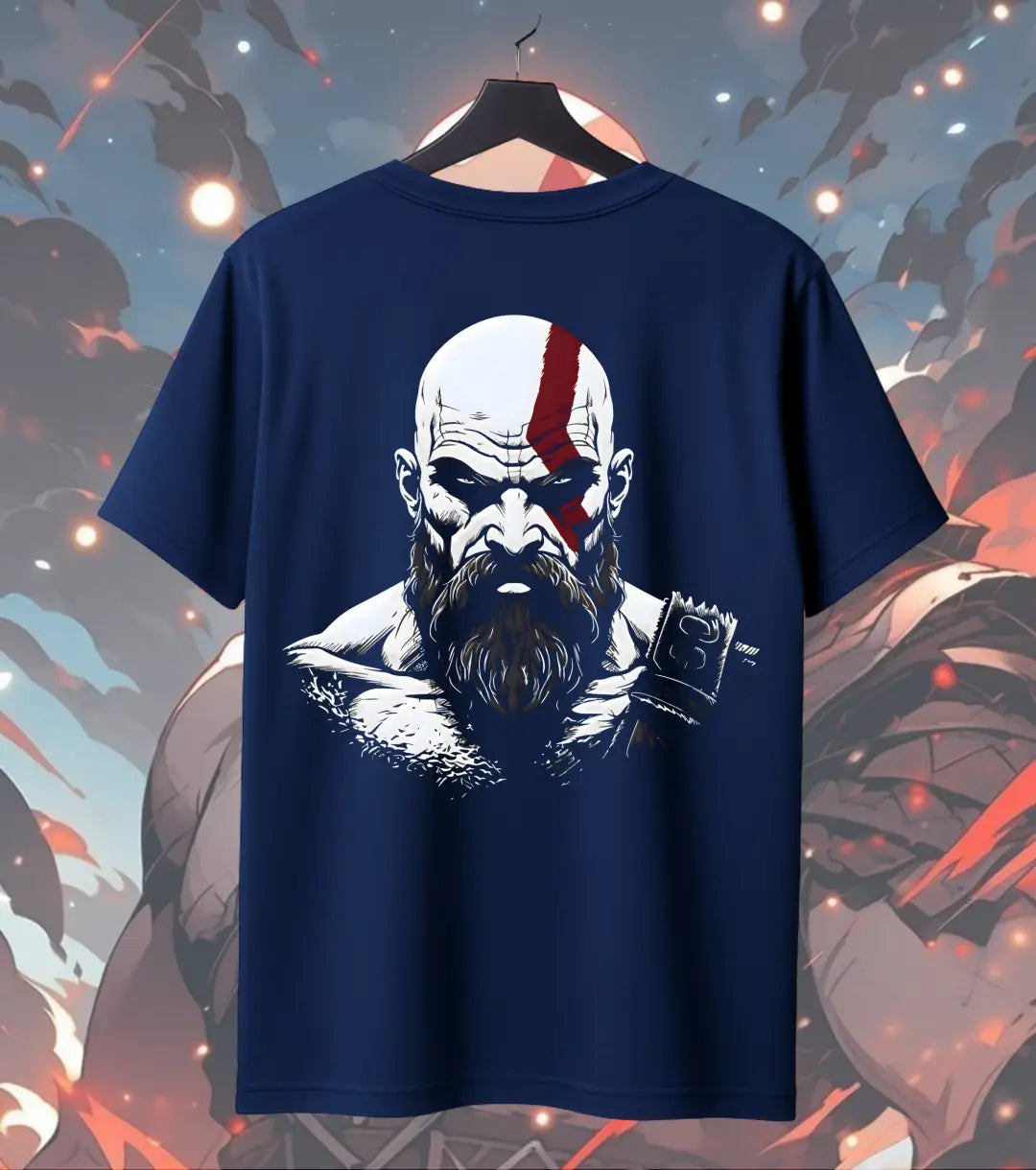 Spartan Warrior Graphic Oversized T-Shirt – Bold Mythic Fighter Streetwear T-Shirt - Back (Dual Print) / Navy / S - God