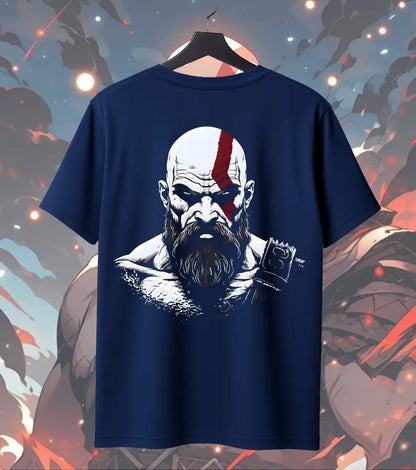 Spartan Warrior Graphic Oversized T-Shirt – Bold Mythic Fighter Streetwear T-Shirt - Back (Dual Print) / Navy / S - God