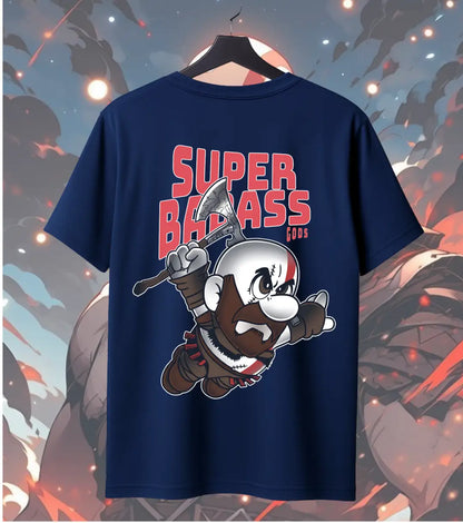 Super Badass Gods Graphic Oversized T-Shirt – Warrior Cartoon Gamer Streetwear T-Shirt - Back (Dual Print) / Navy / S
