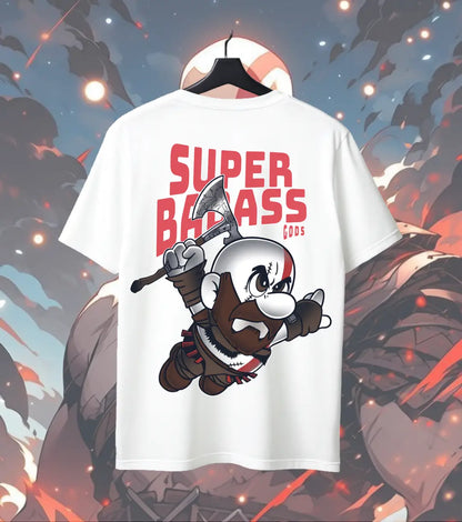 Super Badass Gods Graphic Oversized T-Shirt – Warrior Cartoon Gamer Streetwear T-Shirt - Back (Dual Print) / White / S