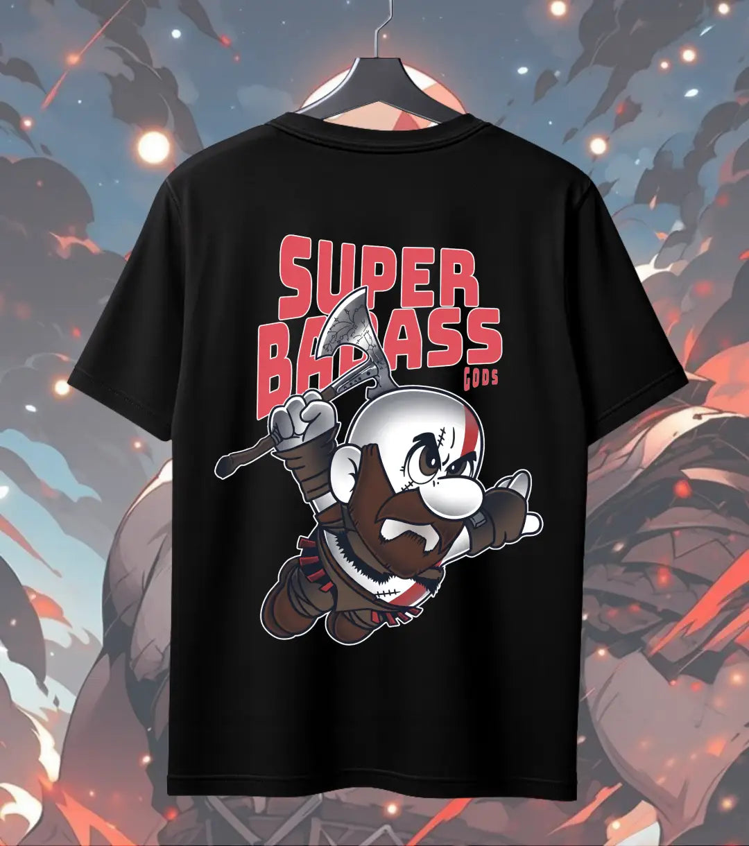 Super Badass Gods Graphic Oversized T-Shirt – Warrior Cartoon Gamer Streetwear T-Shirt - Back (Dual Print) / Black / S