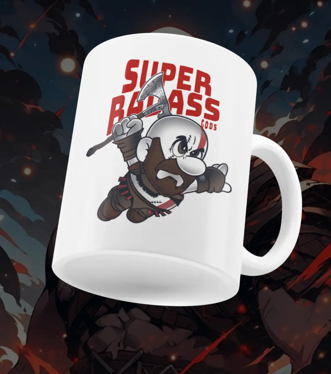 Super Badass Mug – Funny Gaming Coffee Mug | Cartoon Warrior Design | Black Ceramic Gamer Gift - White - god of war
