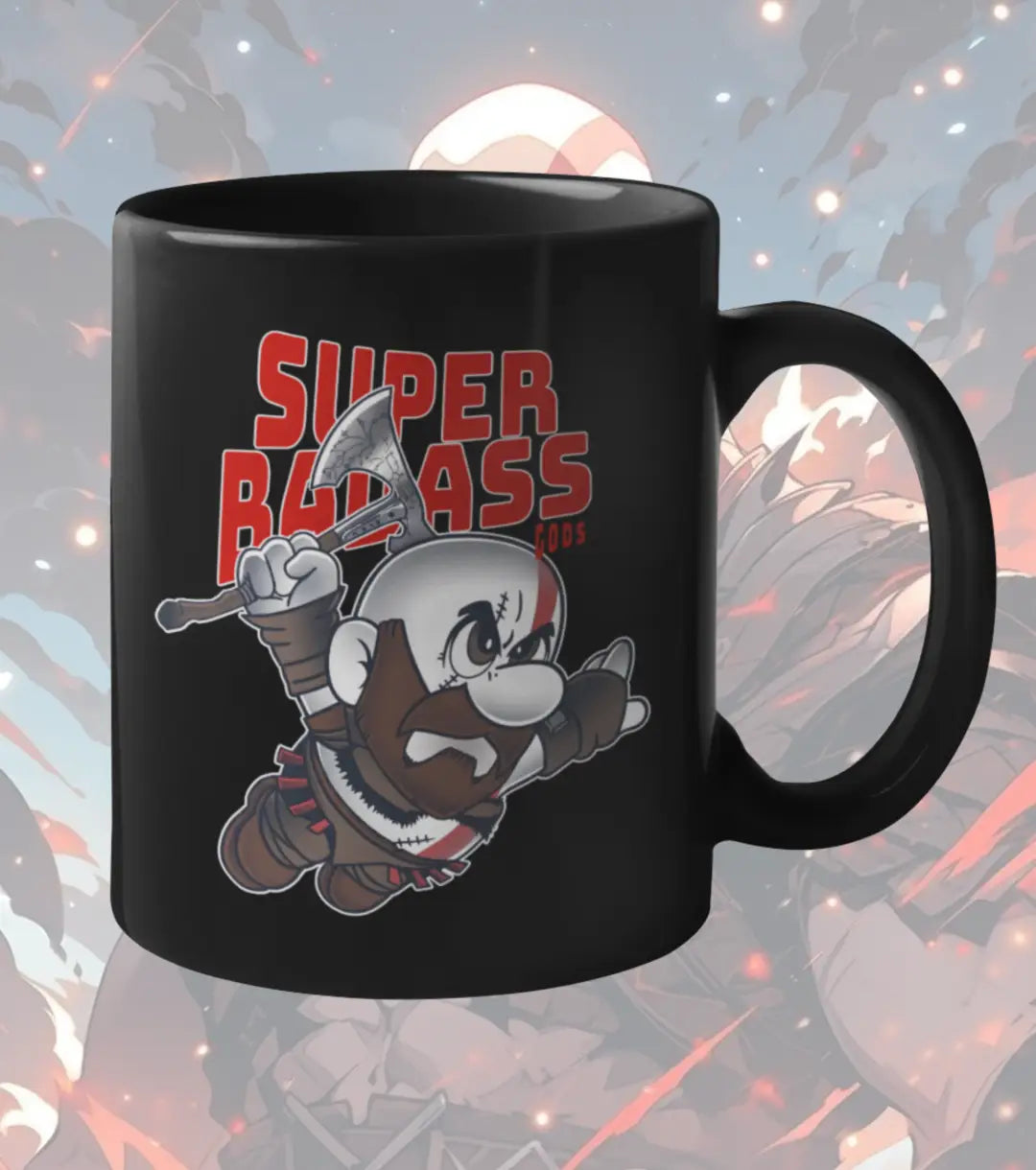 Super Badass Mug – Funny Gaming Coffee Mug | Cartoon Warrior Design | Black Ceramic Gamer Gift - god of war