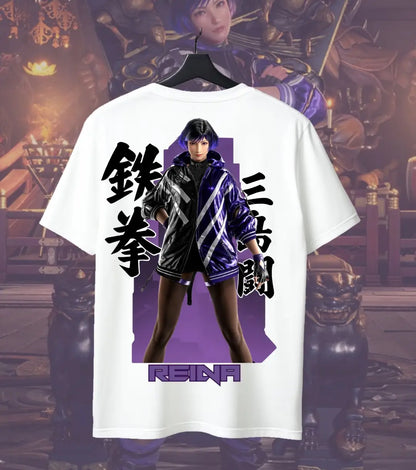 Tekken Reina Graphic T-Shirt for Men | Fighting Game Character Print Tee | Anime Gaming Streetwear - White / S / Back