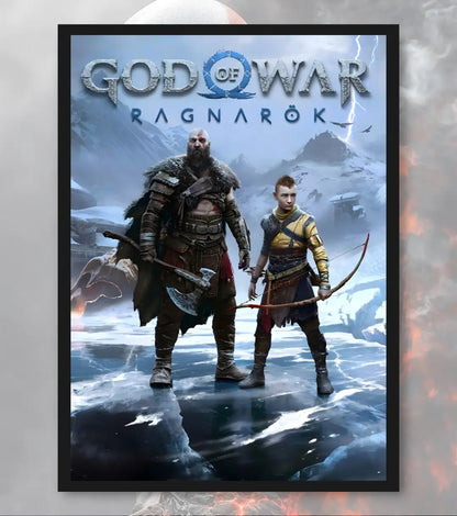 Title: God of War Ragnarök Poster – Kratos & Atreus Ice Realm | God of War Ragnarök | A3 / A4 - A4 / Black Frame - God