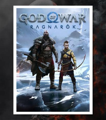 Title: God of War Ragnarök Poster – Kratos & Atreus Ice Realm | God of War Ragnarök | A3 / A4 - A4 / White frame - God