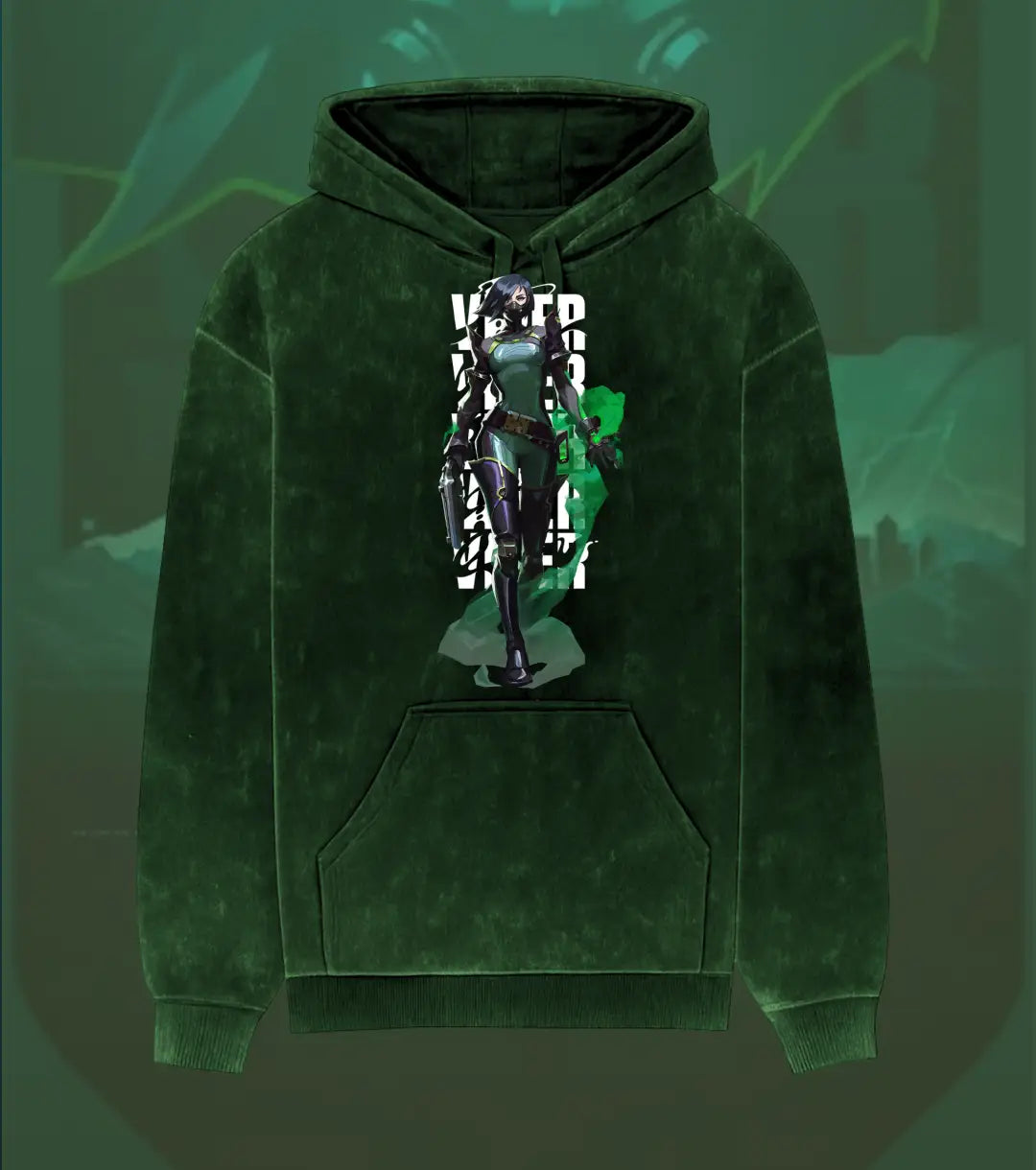 Viper – Toxic Precision Valorant Acid Wash Hoodie | Premium Gamer Streetwear - Bottle Green / XS - Valorant