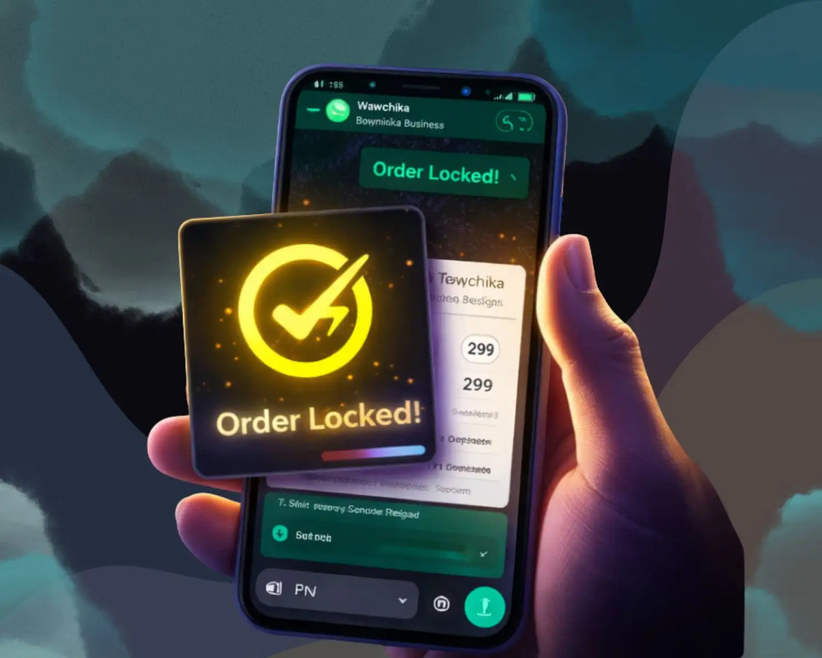 A glowing yellow ’order locked!’ notification badge with a checkmark icon, displayed on top of a smartphone screen.
